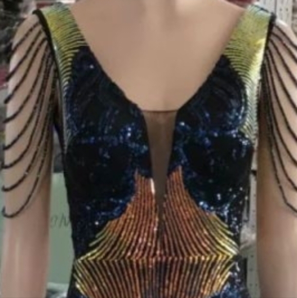 Navy, Floral, Beaded,  V Neck, Round Back,  Sleeveless,  Sequined Mermaid Gown - Picture 13 of 16